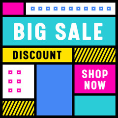 Big Sale Banner with Abstract Geometric Shapes on Colorful Background in Retro Style. Price Off Poster, Presentation