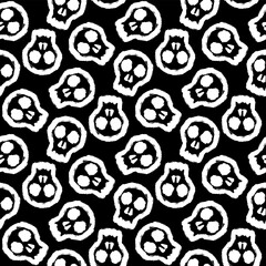 White ink skulls isolated on black background. Monochrome seamless pattern. Vector flat graphic hand drawn illustration. Texture.