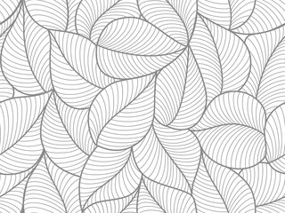 seamless white abstract background with grey leaves drawn by thin lines