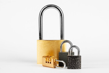 Lots of padlocks isolated on a white background. Multilevel authentication.