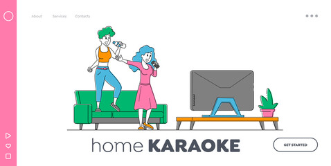 Characters Sparetime, Hobby or Party Landing Page Template. Cheerful Girls Couple Sing Song in Karaoke with Microphones