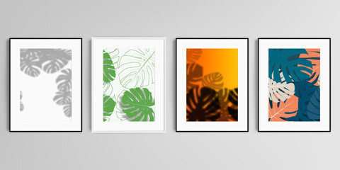 Realistic vector set of picture frames in A4 format isolated on gray background. Tropical palm leaves, shadow of tropical jungle leaves. Floral pattern backgrounds.
