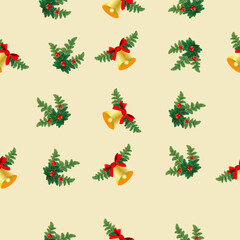 Seamless Pattern with Christmas ornaments, Bell, Ribbon and pine tree branches with berrys. Vector illustration.