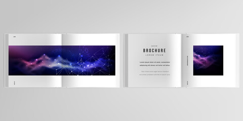 3d realistic vector layout of cover mockup templates for bifold square brochure, flyer, cover design, book design, brochure cover. Digital data visualization, polygonal science dark background.