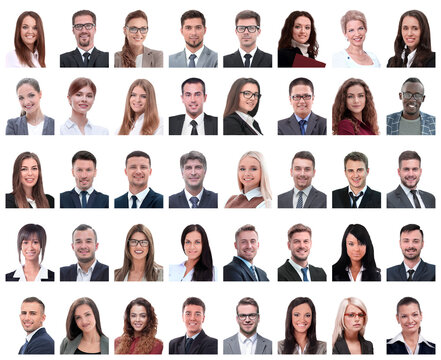 collage of portraits of successful employees isolated on white
