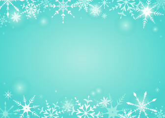 Vector illustration. Christmas background in blue tones with a frame of snowflakes of different shapes and sizes. New year theme.