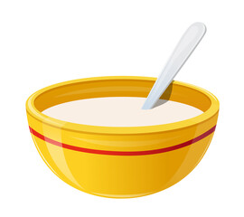 Milk in Ceramic Bowl, Healthy Food Breakfast. Realistic Yellow Soup Plate with Red Stripe and Spoon Full of White Liquid