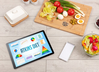 Organic food and tablet pc showing ATKINS DIET inscription, healthy nutrition composition