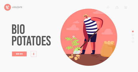 Man Farmer Harvesting Potato in Sack Landing Page Template. Gardener Male Character Harvesting Ripe Vegetables Crop