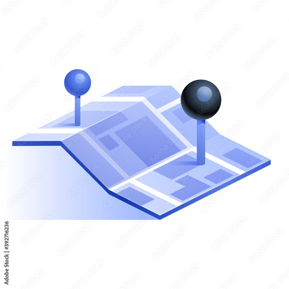 Poster blue folding map with geo tag marks icon in isometric view