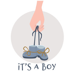 Flat style illustration. There are cute baby booties in a hand. You can use this illustration for arrival greeting cards.