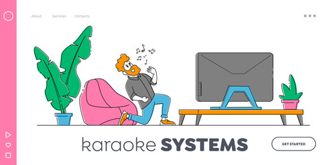 Happy Man Has Fun Singing Karaoke at Home Landing Page Template. Excited Male Character with Having Party Perform Song