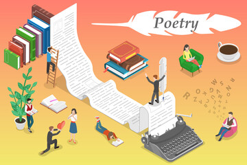 3D Isometric Flat Vector Conceptual Illustration of Poetry, Story Writing and Reading.