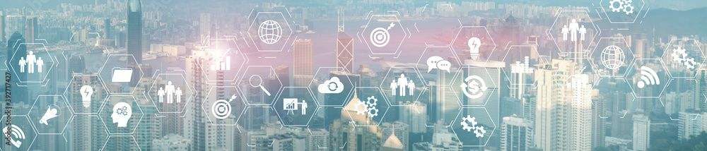 Poster erp enterprise resource planning system on virtual screen with connections between business intellig