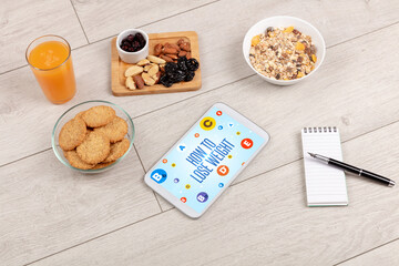 Healthy Tablet Pc compostion with HOW TO LOSE WEIGHT inscription, weight loss concept