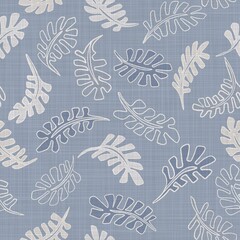 Seamless french farmhouse foliage linen pattern. Provence blue white woven texture. Shabby chic style decorative leaf fabric background. Textile rustic all over print