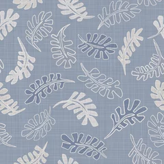 Foto op Aluminium Landelijke stijl Naadloze Franse boerderij gebladerte linnen patroon. Provence blauw wit geweven textuur. Shabby chique stijl decoratieve blad stof achtergrond. Textiel rustiek all-over print