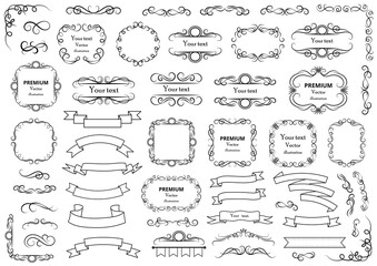 Calligraphic design elements . Decorative swirls or scrolls, vintage frames , flourishes, labels and dividers. Retro vector illustration.