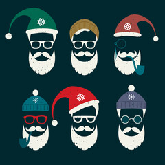 Vector set of faces with Santa hats, mustache and beards. Various doodles Christmas Santa design elements. Holiday icons