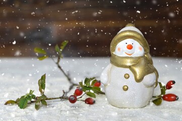 Christmas card with Snowman figurine and copy space. Christmas background concept