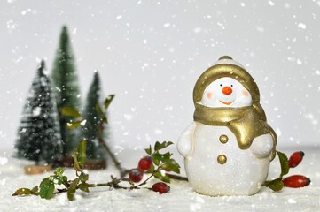 Christmas card with Snowman figurine and copy space. Christmas background concept	