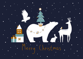 Merry Christmas! Card with a polar bear stock illustration. Arctic, Animal, Art, Bear, Celebration