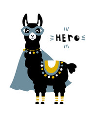 Cute hand drawn llama hero in a mask stock illustration. Peru, Alpaca, Animal, Art, Cape - Garment