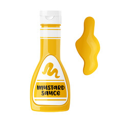 Realistic Bottle with Mustard Sauce, Yellow Tube with Label. Spicy Dressing, Condiment for Fast Food with Spilled Strip