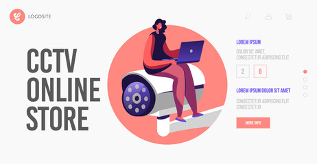 Surveillance System Landing Page Template. Tiny Female Character with Laptop in Hands Sit at Huge Video Camera
