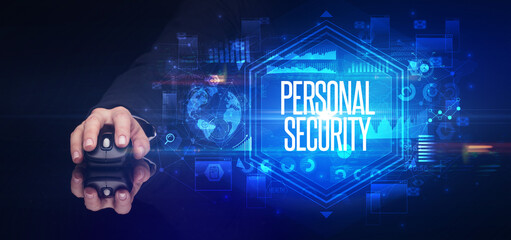 hand holding wireless peripheral with PERSONAL SECURITY inscription, cyber security concept