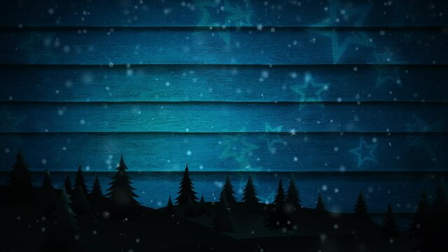 Christmas Scene on Barn Wood Siding 4K Loop features a pine forest silhouette with stars and snow falling against an old fashion barn wood background in a loop