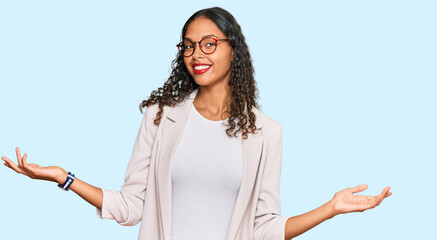 Young african american girl wearing business clothes smiling showing both hands open palms, presenting and advertising comparison and balance