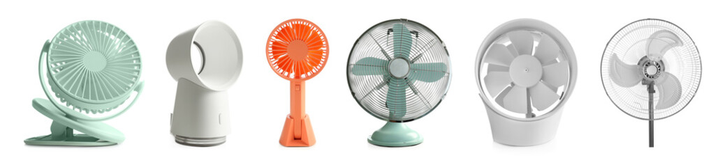 Set of different fans on white background, banner design