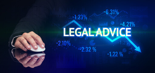 male hand holding wireless peripheral with LEGAL ADVICE inscription, modern business concept