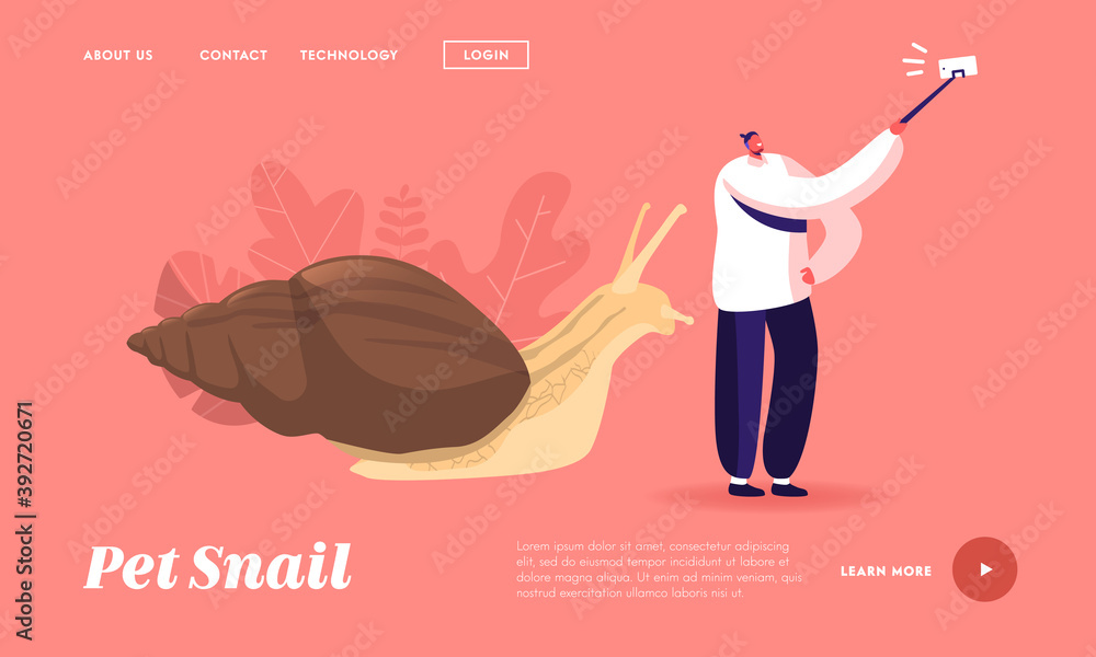 Wall mural People and Mollusk Hobby Landing Page Template. Fauna Creature, Zoo. Tiny Man Making Selfie with Huge Achatina Snail