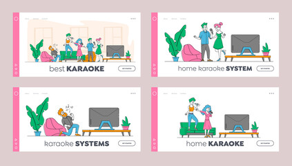 Fototapeta na wymiar Young People Dancing and Singing Karaoke at Home Landing Page Template Set. Friends Company Characters Sing Song