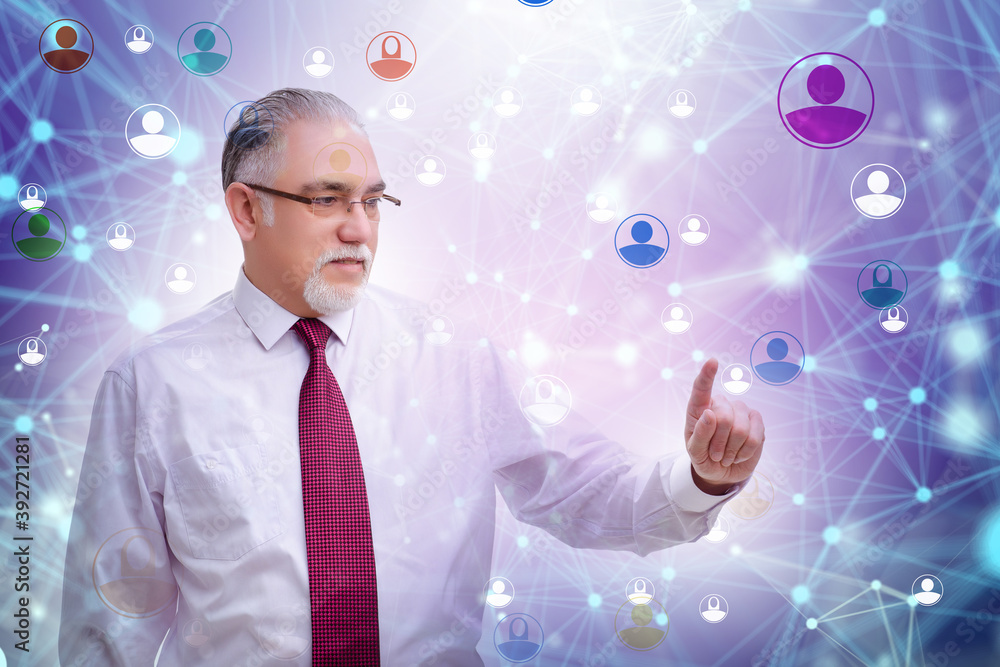 Poster man pressing virtual button on social network concept