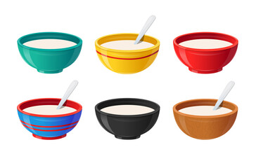 Set of Ceramic Bowls with Milk Healthy Breakfast Concept. Realistic Colorful Soup Plates with Spoon Full of White Liquid
