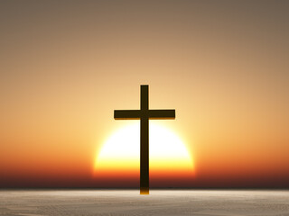 Sunset or sunrise with cross. 3D rendering