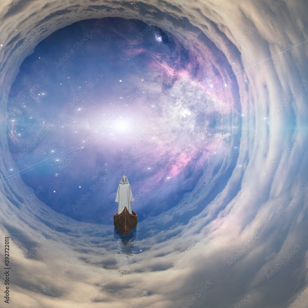 Poster man in white robe floating in boat in space. 3d rendering