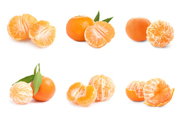 Set of fresh ripe tangerines on white background
