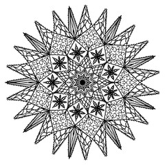 Hand drawn mandala pattern for coloring book with winter snowflake, black outline, raster