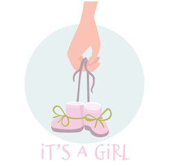 Flat style illustration. There are cute baby booties in a hand. It is a girl. You can use this illustration for arrival greeting cards.