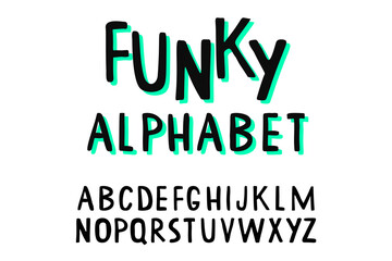Hand drawn funky playful alphabet. Vector handwriting type. Funny font design for book cover, poster, card or invitation