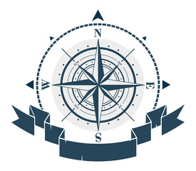 Corporate logo with windrose and ribbon. Vector image of isolated marine wind roses silhouettes. Compass vector navigation label illustration.