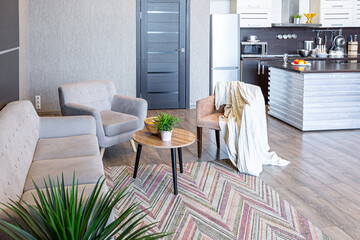 Contemporary ordinary design of spacious studio in soft warm colors. Simple furniture. Light large room with sunlight. Daytime. Tiled brown floor and white walls .