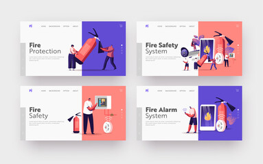 Fire Safety System Landing Page Template Set. People Get Fire Notification from Smartphone. People with Extinguisher