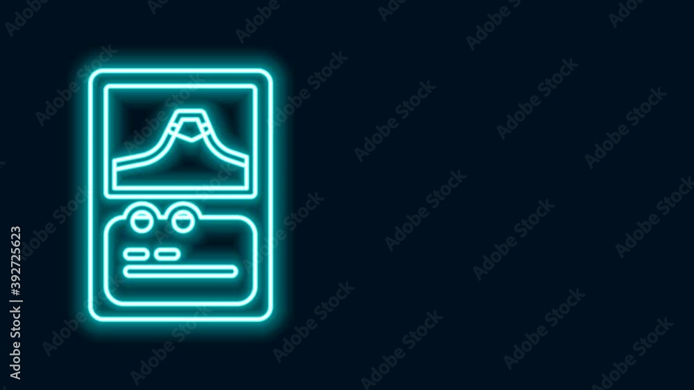Poster glowing neon line card game collection icon isolated on black background. fantasy ui kit with magic 
