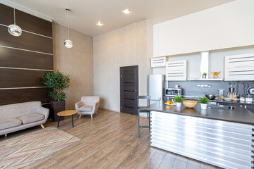 Contemporary ordinary design of spacious studio in soft warm colors. Simple furniture. Light large room with sunlight. Daytime. Tiled brown floor and white walls .