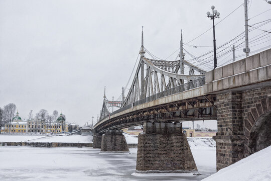 old Volga bridge in winter in Tver